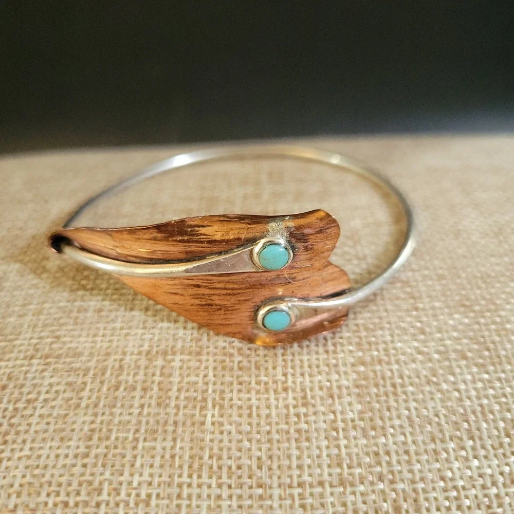 Vintage DAR Mexico 925 Sterling Silver Copper Turquoise Leaf Cuff Western